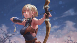 Rule 34 | 1girl, aiming, arm guards, armpits, arrow (projectile), blonde hair, blue eyes, blurry, bow (weapon), braid, breasts, closed mouth, depth of field, drawing bow, earrings, elf, half updo, highres, holding, holding arrow, holding bow (weapon), holding weapon, jewelry, jrajazon, medium breasts, medium hair, one eye closed, original, pointy ears, ponytail, side braid, solo, upper body, weapon