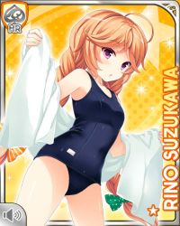 Rule 34 | 1girl, :d, ahoge, barefoot, black one-piece swimsuit, braid, brown hair, card (medium), character name, competition swimsuit, girlfriend (kari), hair ribbon, official art, one-piece swimsuit, open mouth, pleated skirt, purple eyes, qp:flapper, ribbon, skirt, smile, solo, suzukawa rino, swimsuit, towel, twin braids, yellow background