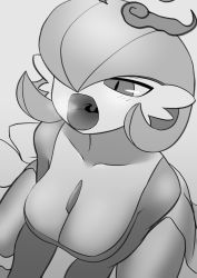 Rule 34 | 1girl, blush, bob cut, breasts, breath, cleavage, collarbone, creatures (company), dynamax, female focus, from above, game freak, gardevoir, gen 3 pokemon, giant, giantess, grey background, greyscale, hair over one eye, half-closed eyes, highres, large breasts, light blush, looking up, monochrome, nintendo, one eye covered, open mouth, pero (pero7762), pokemon, pokemon (creature), short hair, simple background, sitting, smoke, solo, tongue, uvula, wariza