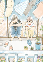 Rule 34 | 1boy, 1girl, :|, ^ ^, absurdres, apartment, arm rest, balcony, barefoot, black hair, blue pants, blunt bangs, blush stickers, brown eyes, brown hair, clenched hand, clog sandals, closed eyes, closed mouth, clothes pin, clothes writing, clothesline, crocs, denim, dirt, dot nose, drying, drying clothes, elbow rest, expressionless, eyes visible through hair, facing another, facing to the side, facing viewer, flower, flower pot, hand on own knee, hand up, happy, head rest, highres, holding, holding watering can, itunohika, jeans, knees to chest, knees up, laundry, leaf, legs together, long skirt, looking at another, looking to the side, low twintails, nail polish, original, outdoors, outstretched arm, pale color, pants, pink flower, plaid, plant, pleated skirt, potted plant, purple flower, railing, red footwear, red nails, sandals, shirt, short hair, short sleeves, sitting, skirt, striped clothes, striped shirt, swept bangs, t-shirt, tareme, toenail polish, toenails, toes, twintails, unworn sandals, watering can, white flower, white shirt, wind, window, wooden floor, yellow skirt