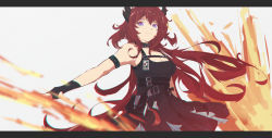 Rule 34 | 1girl, absurdres, arknights, black dress, demon girl, demon horns, dress, fingerless gloves, fire, gloves, highres, horns, infection monitor (arknights), letterboxed, long hair, looking at viewer, postalworks, purple eyes, red hair, solo
