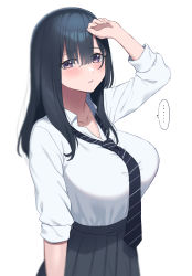 Rule 34 | ..., 0-toki, 1girl, black hair, black necktie, black skirt, blush, breasts, brown eyes, collared shirt, diagonal-striped clothes, diagonal-striped necktie, diagonal-striped neckwear, dress shirt, eyes visible through hair, hair between eyes, hand on own head, highres, large breasts, long hair, long sleeves, looking at viewer, miniskirt, necktie, original, parted lips, pleated skirt, school uniform, shirt, shirt tucked in, simple background, skirt, sleeves rolled up, solo, speech bubble, spoken ellipsis, striped clothes, striped necktie, striped neckwear, white background, white shirt