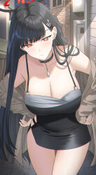 Rule 34 | 1girl, black dress, black hair, blue archive, blush, breasts, bright pupils, cleavage, closed mouth, cosplay, cowboy shot, dress, ear piercing, earrings, grey jacket, hair ornament, hairpin, halo, highres, jacket, jewelry, kayoko (blue archive), kayoko (blue archive) (cosplay), kayoko (dress) (blue archive), large breasts, long hair, long sleeves, looking at viewer, open clothes, open jacket, piercing, red eyes, rio (blue archive), solo, sysen, white pupils