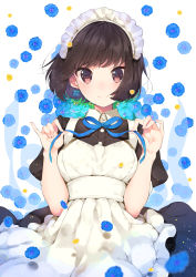 Rule 34 | 1girl, absurdres, apron, black hair, black shirt, blue flower, blue ribbon, bob cut, brown eyes, collared shirt, flower, frilled apron, frills, hands up, highres, holding, looking at viewer, maid, maid headdress, mayuri kaichou, original, puffy short sleeves, puffy sleeves, ribbon, shirt, short hair, short sleeves, simple background, smile, solo, upper body, white background, white shirt