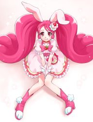 Rule 34 | 10s, 1girl, :q, animal ears, bow, rabbit ears, cake hair ornament, choker, cure whip, dress, earrings, food-themed hair ornament, full body, gloves, hair ornament, hairband, highres, kirakira precure a la mode, long hair, looking at viewer, magical girl, pink bow, pink footwear, pink hair, pink hairband, pom pom (clothes), pom pom earrings, precure, puffy sleeves, red eyes, red neckwear, shoes, simple background, sitting, smile, solo, tachibana momoya, tongue, tongue out, twintails, usami ichika, v arms, white background, white dress, white gloves