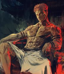 Rule 34 | 1boy, abs, architecture, brown hair, closed mouth, dated, east asian architecture, extra eyes, facial mark, forehead tattoo, highres, itadori yuuji, jujutsu kaisen, looking at viewer, male focus, muscular, muscular male, pectorals, red eyes, ryoumen sukuna (jujutsu kaisen), shimhaq, short hair, signature, sitting, solo, tattoo, throne, topless male, very short hair