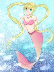 Rule 34 | blonde hair, blue eyes, bra, flower, full body, hair between eyes, hair flower, hair ornament, highres, jewelry, long hair, mermaid, mermaid melody pichi pichi pitch, monster girl, nanami lucia, necklace, pink bra, shell, shell necklace, smiley face, solo, underwear