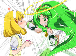 Rule 34 | 10s, 2girls, blonde hair, blush, closed eyes, cure march, cure march (princess form), dress, green dress, green eyes, green hair, grin, hairband, imminent kiss, impending hit, kise yayoi, midorikawa nao, multiple girls, ponytail, precure, princess form (smile precure!), school uniform, short hair, skirt, smile, smile precure!, suzushiro yukari, sweater vest, tri tails, white hairband
