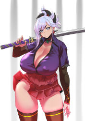 Rule 34 | 1girl, absurdres, alternate costume, asymmetrical hair, black bodysuit, black thighhighs, bodysuit, breasts, cleavage, closed mouth, clothes lift, collared shirt, detached collar, earrings, fate/grand order, fate (series), hair ornament, highres, holding, holding sword, holding weapon, huge breasts, jewelry, light purple hair, looking at viewer, miniskirt, miyamoto musashi (fate), over shoulder, pleated skirt, ponytail, purple eyes, purple shirt, red skirt, school uniform, shirt, short sleeves, single sidelock, skirt, skirt lift, smile, solo, standing, sword, sword over shoulder, tan, thighhighs, thighs, uc (91776165), uniform, weapon, weapon over shoulder