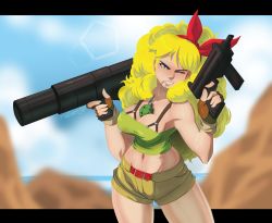 Rule 34 | 10s, 1girl, 2016, between breasts, blonde hair, blue eyes, blurry, blush, breasts, brown gloves, cleavage, cowboy shot, dated, depth of field, dragon ball, explosive, eyelashes, fingerless gloves, gloves, grenade, grin, gun, hair ornament, hairband, highres, horizon, looking at viewer, lunch (dragon ball), machine gun, midriff, naughty face, navel, ocean, one eye closed, outdoors, outside border, rocket launcher, shiny skin, short shorts, shorts, signature, sky, smile, solo, standing, strapless, submachine gun, suspenders, thighs, tovio rogers, tube top, water, wavy hair, weapon