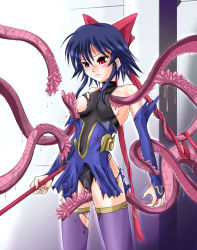 Rule 34 | 00s, blue hair, blush, boots, breasts, detached sleeves, highres, kagano ai, mahou shoujo ai, polearm, red eyes, ribbon, short hair, solo, spear, sweat, tentacles, thigh boots, thighhighs, torn clothes, weapon