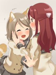 Rule 34 | +++, 2girls, \||/, ^ ^, animal ears, bad id, bad pixiv id, blush, buttons, closed eyes, dog ears, dog tail, double-breasted, closed eyes, grey background, grey hair, grey skirt, hair ornament, hairclip, half updo, hand on another&#039;s cheek, hand on another&#039;s face, highres, kemonomimi mode, long hair, long sleeves, looking at another, love live!, love live! sunshine!!, miniskirt, multiple girls, notice lines, open mouth, pleated skirt, red hair, sakurauchi riko, school uniform, serafuku, short hair, skirt, smile, tail, uni mmtab, uranohoshi school uniform, watanabe you, yellow eyes