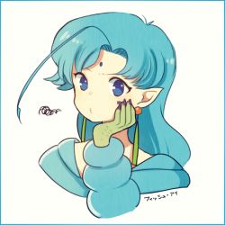 Rule 34 | 1990s (style), 1boy, ayu (mog), bad id, bad pixiv id, bishoujo senshi sailor moon, bishoujo senshi sailor moon supers, blue eyes, blue hair, character name, earrings, facial mark, fish eye (sailor moon), hand on own cheek, hand on own face, jewelry, long hair, male focus, matching hair/eyes, pointy ears, solo, trap