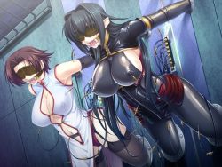 Rule 34 | 2girls, annerose vajra, arms behind back, bdsm, black hair, blindfold, bondage, bound, breasts, brown hair, cleavage, covered erect nipples, drooling, electrodes, electrostimulation, artistic error, gag, gagged, game cg, kagami hirotaka, koutetsu no majo anneroze, large breasts, latex, lee mayfeng, lilith-soft, multiple girls, ring gag, sideboob, spider gag, third-party edit, through wall, torture