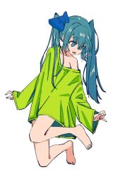 Rule 34 | 3774., alternate costume, aqua eyes, aqua hair, bare legs, barefoot, blue bow, bottomless, bow, floating, green shirt, hair between eyes, hair bow, hatsune miku, loose clothes, oversized clothes, shirt, single bare shoulder, sleeves past wrists, toenails, twintails, vocaloid, white background