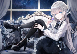 Rule 34 | 1girl, black footwear, black neckwear, black pantyhose, black skirt, blue eyes, commentary request, couch, curtains, frilled skirt, frills, from side, hair between eyes, hand on own leg, high-waist skirt, high heels, highres, holding, iren lovel, long hair, long sleeves, looking at viewer, looking to the side, night, night sky, on couch, original, pantyhose, resolution mismatch, shirt, silver hair, sitting, skirt, sky, solo, source smaller, star (sky), star (symbol), starry sky, white shirt, window