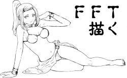 1girl bare_legs barefoot bikini feet female_focus final_fantasy final_fantasy_tactics greyscale high_ponytail kamuiduru monochrome ponytail solo swimsuit valmafra_lenande