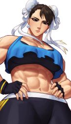 Rule 34 | 1girl, abs, absurdres, biceps, breasts, brown eyes, brown hair, bun cover, capcom, chun-li, commentary, crop top, double bun, english commentary, from below, hair bun, hand on own hip, hands on own hips, highres, looking at viewer, looking down, muscular, muscular female, pants, simple background, solo, sotcho, sports bra, street fighter, white background, yoga pants