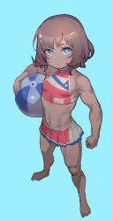 Rule 34 | 1girl, atte nanakusa, ball, bare arms, barefoot, beachball, blue background, blue eyes, blush, brown hair, closed mouth, full body, hair ornament, hairclip, highres, holding, holding ball, looking at viewer, medium hair, miniskirt, muscular, muscular child, muscular female, navel, original, pleated skirt, red skirt, simple background, skirt, solo, sports bra, standing