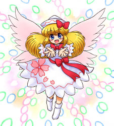 Rule 34 | 1girl, :d, blonde hair, blush, bobby socks, bow, cherry blossom print, commentary request, danmaku, dress, fairy wings, floral print, flying, hair bow, hat, hidden star in four seasons, lily white, long hair, long sleeves, looking at viewer, multicolored background, nitamago, no shoes, open mouth, outstretched arms, red bow, sash, sidelocks, smile, socks, solo, touhou, white dress, white hat, white socks, wings