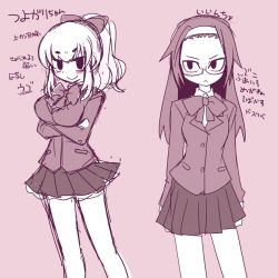 Rule 34 | 2girls, blazer, blush stickers, bow, crossed arms, glasses, hair bow, hairband, ikkyuu, jacket, long hair, long sleeves, monochrome, multiple girls, original, ponytail, school uniform, simple background, skirt, smile, standing, translation request