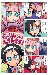 Rule 34 | 10s, 4koma, aqua eyes, artist name, black hair, blue eyes, blush, bright pupils, child, coat, colored skin, comic, copyright name, darling in the franxx, flashback, hairband, head wreath, highres, hiro (darling in the franxx), horns, icicle, long hair, mato (mozu hayanie), pink hair, red skin, sharp teeth, smile, spoilers, teeth, translation request, uniform, aged down, zero two (darling in the franxx)