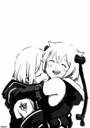 Rule 34 | 2girls, arms around neck, arms around waist, azusa mifuyu, bare shoulders, belt, black theme, blush, bow, closed eyes, closed mouth, detached sleeves, ear piercing, fur trim, furrowed brow, greyscale, hair behind ear, hair between eyes, hair bow, happy, high collar, hug, laughing, light smile, magia record: mahou shoujo madoka magica gaiden, mahou shoujo madoka magica, monochrome, multiple girls, mutual hug, nuzzle, open mouth, parted bangs, piercing, short hair, silverxp, simple background, soul gem, teeth, twitter username, upper body, upper teeth only, very short hair, white background, wide sleeves, yukino kanae, yuri