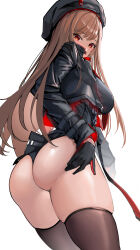 Rule 34 | 1girl, absurdres, ass, beret, black gloves, black jacket, black leotard, black thighhighs, breasts, brown hair, from behind, gloves, goddess of victory: nikke, hat, highres, incredibly absurdres, jacket, large breasts, leotard, long hair, looking back, mole, mole on thigh, rapi (nikke), red eyes, simple background, skindentation, slug 1356, solo, thighhighs, thighs, very long hair, white background