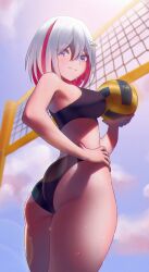 Rule 34 | 1girl, ass, ball, beach volleyball, bikini, blue sky, blurry, breasts, cloud, cloudy sky, colored inner hair, day, depth of field, eyelashes, from below, hair between eyes, hand on own hip, hardbloo, highres, holding, holding ball, honkai: star rail, honkai (series), lens flare, looking at viewer, looking down, medium breasts, midriff, multicolored hair, outdoors, purple eyes, shadow, short hair, sky, smile, solo, sports bikini, sportswear, streaked hair, sunlight, sweat, swimsuit, thigh focus, thighs, topaz (honkai: star rail), two-tone hair, volleyball, volleyball (object), volleyball net, volleyball uniform