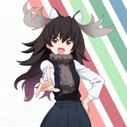 Rule 34 | &gt;:d, 10s, 1girl, :d, animal ears, antlers, bad id, bad pixiv id, black vest, blue background, blue skirt, brown eyes, brown hair, brown scarf, clenched hand, cowboy shot, diagonal stripes, extra ears, eyebrows, eyelashes, fang, foreshortening, green background, grey background, hair between eyes, hand on own hip, horizontal-striped background, horns, kemono friends, long hair, long sleeves, looking at viewer, moose (kemono friends), moose ears, multicolored background, oekaki, open mouth, outstretched hand, pink background, pleated skirt, samonegi, scarf, shirt, skirt, smile, solo, striped, striped background, sweater vest, tsurime, v-shaped eyebrows, vest, white shirt