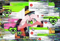 Rule 34 | 1girl, black hat, commentary request, cursor, english text, engrish text, error message, fingernails, frilled sleeves, frills, glitch, gohan uran, green eyes, green hair, grin, hair between eyes, hands up, hat, heart hands over eye, highres, komeiji koishi, long sleeves, looking at viewer, medium hair, microsoft windows, one eye covered, partial commentary, portrait, ranguage, smile, solo, teeth, touhou, wide sleeves