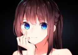 Rule 34 | 1girl, a.a (aa772), arm support, black background, blue eyes, blush, brown hair, closed mouth, collarbone, commentary request, fingernails, hair between eyes, hakama-chan (aa), hand up, head in hand, head rest, long hair, original, ponytail, portrait, smile, solo