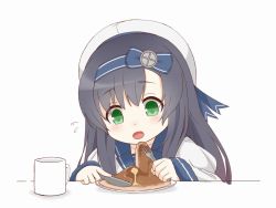 Rule 34 | 1girl, beret, black hair, blue sailor collar, blush, commentary, cup, flying sweatdrops, food, fork, gradient hair, green eyes, hair between eyes, hat, holding, holding fork, holding knife, juliet sleeves, kantai collection, knife, long hair, long sleeves, matsuwa (kancolle), mug, multicolored hair, open mouth, plate, puffy sleeves, purple hair, sailor collar, shirt, sleeves past wrists, soba (sobaya1938), solo, upper body, white background, white hat, white shirt