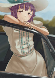 Rule 34 | 1girl, absurdres, black car, blurry, blurry background, blush, bow, brown eyes, car, closed mouth, commentary, crossed arms, day, dress, faiz azhar, frilled sleeves, frills, green bow, green ribbon, hat, hat ribbon, head rest, highres, idolmaster, idolmaster cinderella girls, koshimizu sachiko, looking at viewer, motor vehicle, open door, outdoors, purple hair, ribbon, short hair, short sleeves, smile, solo, standing, sunlight, white dress, white hair