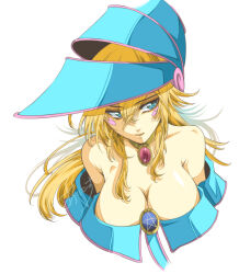 Rule 34 | 1girl, aikosu (icos), averting eyes, bare shoulders, blonde hair, blue eyes, blue hat, blush stickers, breasts, cleavage, commentary request, cropped torso, dark magician girl, duel monster, gem, hair between eyes, hat, jewelry, large breasts, long hair, neck ring, pentacle, pentagram, red gemstone, signature, simple background, solo, white background, wizard hat, yu-gi-oh!