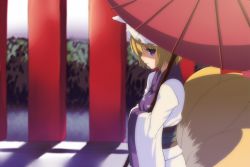 Rule 34 | 1girl, alternate eye color, blonde hair, cosplay, fox tail, from side, hands in opposite sleeves, oil-paper umbrella, piiko (aa doushiyou), purple eyes, solo, tail, torii, touhou, umbrella, yakumo ran, yakumo yukari, yakumo yukari (cosplay)