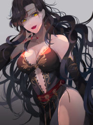Rule 34 | 1girl, black hair, breasts, cleavage, collarbone, detached sleeves, fire emblem, fire emblem: the blazing blade, gradient background, hair behind ear, hand up, headband, kabitakamaboko, large breasts, long hair, looking to the side, nail polish, nintendo, parted lips, red nails, slit pupils, solo, sonia (fire emblem: the blazing blade), wavy hair, yellow eyes