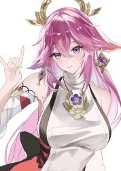 1girl animal_ears bare_shoulders breasts chinami_(chinamin_02) detached_sleeves fox_ears genshin_impact hand_up highres large_breasts long_hair long_sleeves looking_at_viewer parted_lips pink_hair purple_eyes shirt simple_background sleeveless sleeveless_shirt solo upper_body very_long_hair white_background white_shirt yae_miko