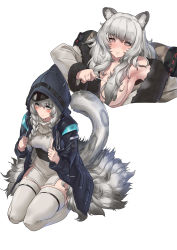 Rule 34 | 1girl, absurdres, animal ear fluff, animal ears, arknights, armpits, black hair, blue jacket, blush, braid, breasts, brown eyes, cleavage, cosplay, doctor (arknights), doctor (arknights) (cosplay), full body, fur-trimmed sleeves, fur trim, grey eyes, grey scarf, hair over breasts, highres, hood, hooded jacket, jacket, large breasts, leopard ears, leopard tail, liquid-in-glass thermometer, long hair, long sleeves, lying, multicolored hair, multiple views, on back, pillow, pramanix (arknights), robe, scarf, seiza, shizuoxing kof, sick, side braids, silver hair, simple background, sitting, skindentation, smile, sweat, tabard, tail, thermometer, thigh strap, thighhighs, thighs, twin braids, two-tone hair, wavy hair, white background, white thighhighs