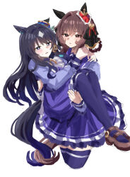 Rule 34 | 2girls, absurdres, animal ears, black hair, blue hair, blush, bow, bowtie, braided hair rings, breasts, brown hair, closed mouth, ear covers, ear ornament, gentildonna (umamusume), hair between eyes, hair ornament, hair rings, heart-shaped ornament, heart ear ornament, highres, horse ears, horse girl, horse tail, horseshoe ornament, large breasts, long hair, long sleeves, looking at viewer, mare ma, multiple girls, pleated skirt, puffy sleeves, purple eyes, purple shirt, red eyes, ribbon, school uniform, shirt, shoes, simple background, skirt, tail, thighhighs, tracen school uniform, umamusume, verxina (umamusume), white background