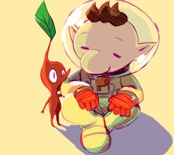 Rule 34 | 1boy, big nose, brown hair, buttons, closed eyes, colored skin, commentary, doemoes, english commentary, full body, gloves, hand on another&#039;s arm, height difference, helmet, leaf, looking at another, male focus, nintendo, no mouth, olimar, pikmin (creature), pikmin (series), pointy ears, pointy nose, purple eyes, red gloves, red pikmin, red skin, shadow, short hair, sitting, space helmet, spacesuit, very short hair, whistle, yellow background