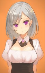 Rule 34 | 1girl, aya-chan (minoa), breasts, grey hair, looking at viewer, minoa (lastswallow), orange background, original, purple eyes, simple background, solo