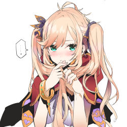 Rule 34 | ..., 10s, 1girl, :&lt;, alternate hairstyle, bad id, bad pixiv id, blonde hair, blush, bracelet, clarisse (granblue fantasy), granblue fantasy, green eyes, hair ribbon, jewelry, long hair, looking at viewer, ribbon, simple background, solo, spoken ellipsis, tajima ryuushi, twintails, white background