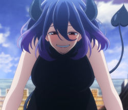 Rule 34 | 1girl, anime screenshot, breasts, cloud, demon girl, demon horns, demon tail, highres, horns, kinsou no vermeil, large breasts, medium hair, outdoors, purple hair, red eyes, sky, smile, solo, stitched, tail, third-party edit, vermeil (kinsou no vermeil)