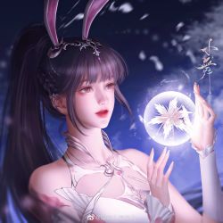 Rule 34 | 1girl, absurdres, animal ears, blurry, blurry background, braid, brown hair, cloud, collar, douluo dalu, dress, falling petals, flower, hair ornament, hands up, highres, kong zhezhezhezhe, light particles, metal collar, night, open mouth, orb, petals, pink dress, ponytail, rabbit ears, second-party source, solo, xiao wu (douluo dalu)
