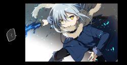Rule 34 | 1other, androgynous, blue fire, blue hair, boots, commentary request, fire, fur, fur-trimmed boots, fur-trimmed jacket, fur-trimmed sleeves, fur collar, fur trim, hair between eyes, highres, jacket, katana, long hair, long sleeves, looking at viewer, mikoto kei, open mouth, pyrokinesis, rimuru tempest, scarf, sheath, solo, speech bubble, sword, tensei shitara slime datta ken, translated, very long hair, weapon, yellow eyes