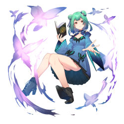 Rule 34 | 1girl, absurdres, blue dress, blue hair, brown footwear, bug, butterfly, dress, floating, gradient hair, green hair, hair bun, high heels, highres, hololive, insect, juliet sleeves, knees together feet apart, long sleeves, looking at viewer, magic, medium hair, mikan (chipstar182), multicolored hair, parted lips, puffy sleeves, purple butterfly, red eyes, single hair bun, solo, uruha rushia, uruha rushia (1st costume), virtual youtuber, white background, wide sleeves