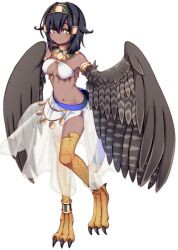 Rule 34 | 1girl, anklet, armlet, artist request, bare shoulders, bird legs, black hair, blush, breasts, brown wings, dark-skinned female, dark skin, egyptian clothes, feathered wings, game cg, green hairband, hair between eyes, hair intakes, hair tubes, hairband, harpy, jewelry, looking at viewer, medium breasts, medium hair, moira (monster musume), monster girl, monster musume no iru nichijou, monster musume no iru nichijou online, navel, official art, semi-transparent, solo, talons, transparent background, usekh collar, winged arms, wings, yellow eyes