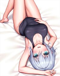 1girl aqua_eyes arched_back arm_up armpits bang_dream! bare_arms bare_legs bare_shoulders barefoot bed_sheet black_one-piece_swimsuit blush breasts collarbone commentary covered_erect_nipples covered_navel grey_hair groin hair_between_eyes hand_on_own_stomach hand_up knees_out_of_frame knees_together_feet_apart knees_up kurata_mashiro lambda_(kusowarota) looking_at_viewer lying medium_breasts medium_hair on_back one-piece_swimsuit parted_lips school_swimsuit shadow solo swimsuit teeth thigh_gap tiptoes upper_teeth_only upside-down