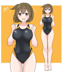 Rule 34 | 1girl, absurdres, bare legs, barefoot, black one-piece swimsuit, border, breasts, brown eyes, brown hair, collarbone, competition school swimsuit, cowboy shot, full body, gluteal fold, highres, hiryuu (kancolle), kantai collection, large breasts, looking at viewer, noruren, one-piece swimsuit, one side up, open mouth, orange one-piece swimsuit, outside border, school swimsuit, short hair, solo, swimsuit, thighs, two-tone swimsuit, white border, yellow background, yellow one-piece swimsuit, zoom layer